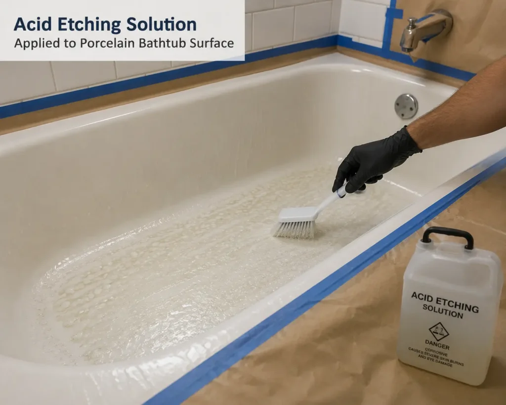 Acid etching solution applied to porcelain bathtub surface