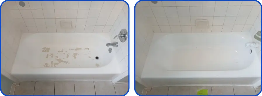 Before and after photo of a refinished bathtub in a Jacksonville home