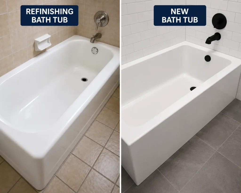 Side-by-side comparison of refinished bathtub versus new tub installation