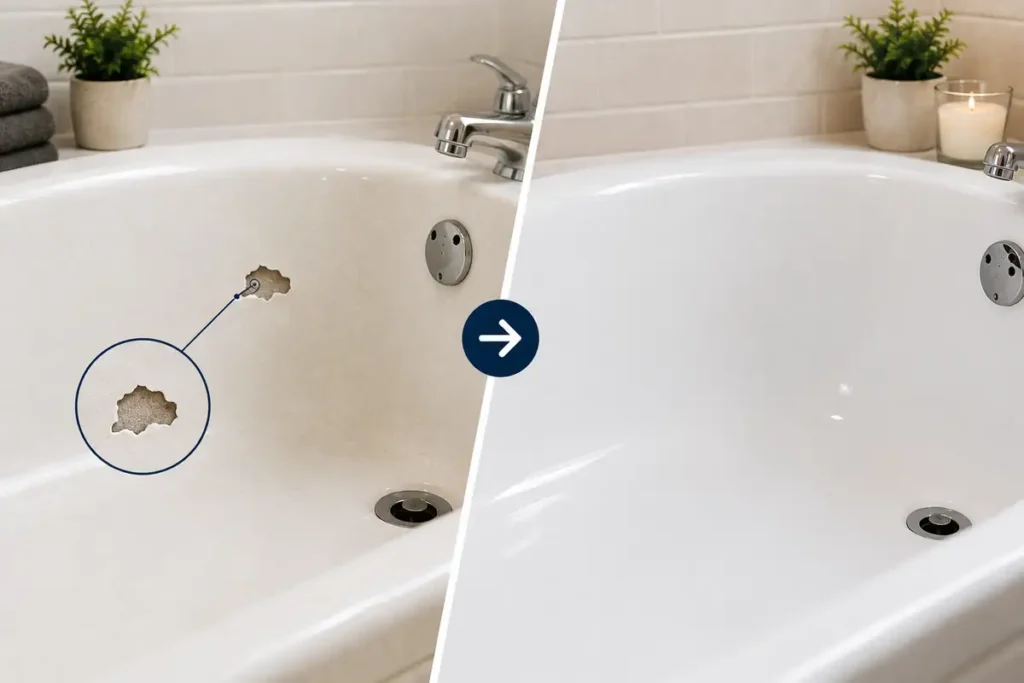 Bathtub with a chipped enamel surface beside a smooth refinished tub, illustrating spot repair versus full refinishing