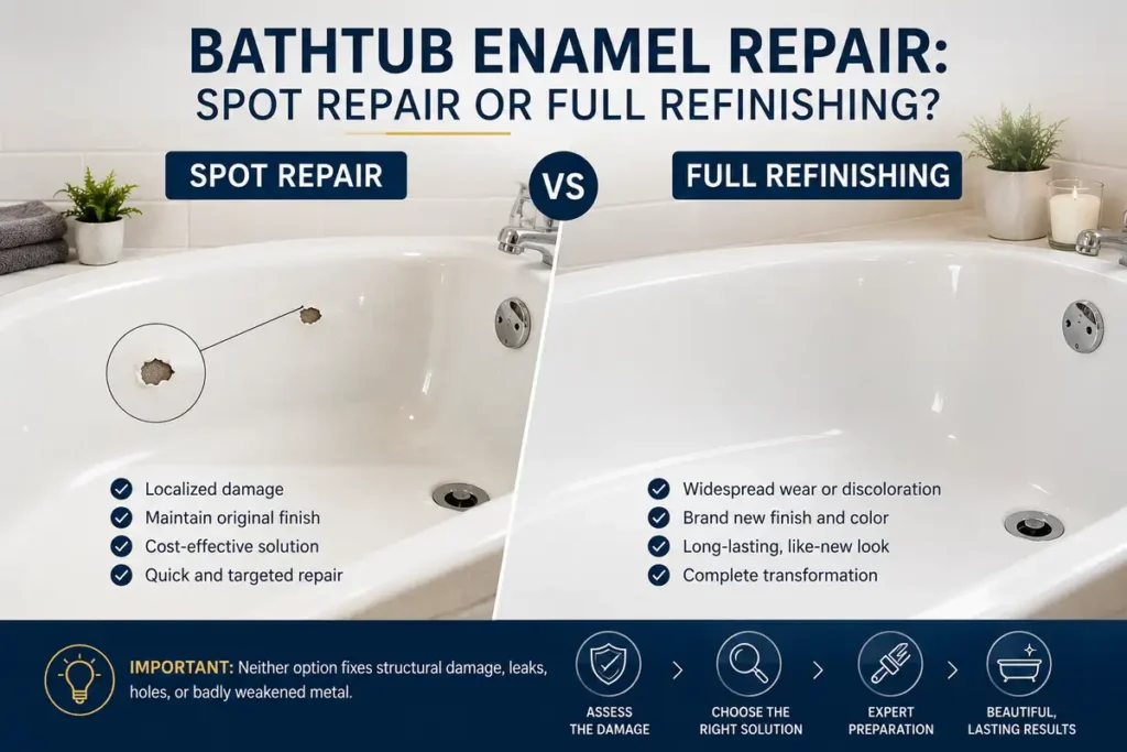 Bathtub enamel repair comparison showing spot repair for localized chips and full refinishing for widespread surface wear