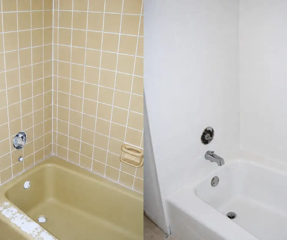 Before and after bathtub and tile reglazing service in Jacksonville, FL showing an old yellow tub transformed into a glossy, clean white finish.