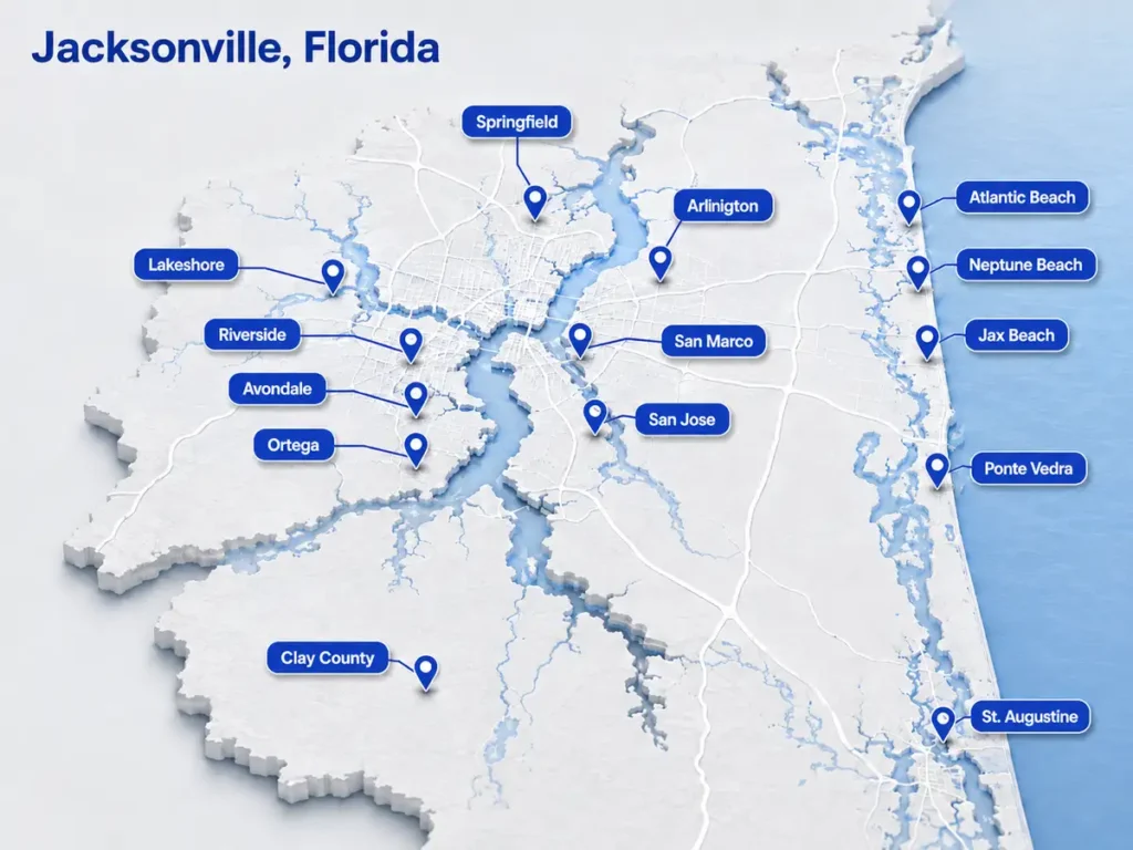 Bathtub Man service area map of Jacksonville, Florida showing covered neighborhoods including San Marco, Riverside, Ortega, and beaches.