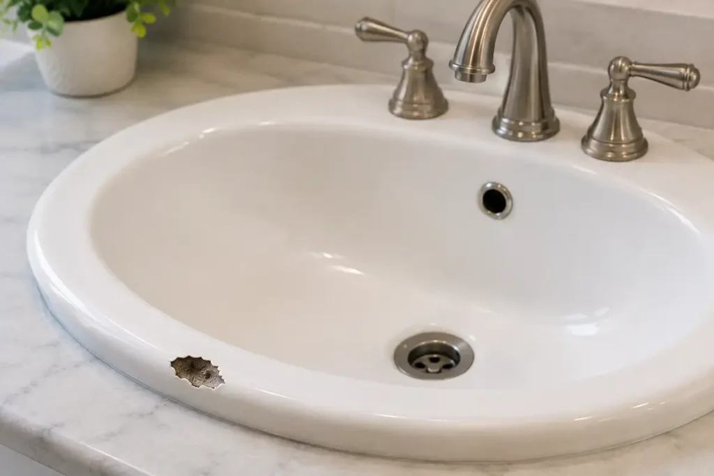 White enamel bathroom sink with a chipped rim showing exposed material beneath the surface