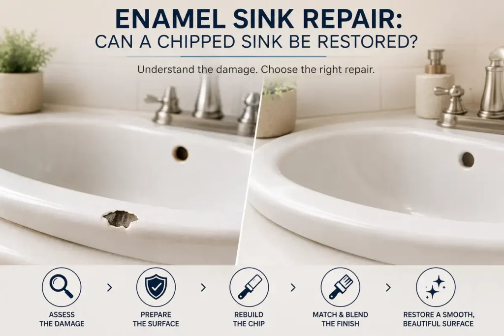 Chipped enamel bathroom sink shown before restoration with a smooth repaired finish