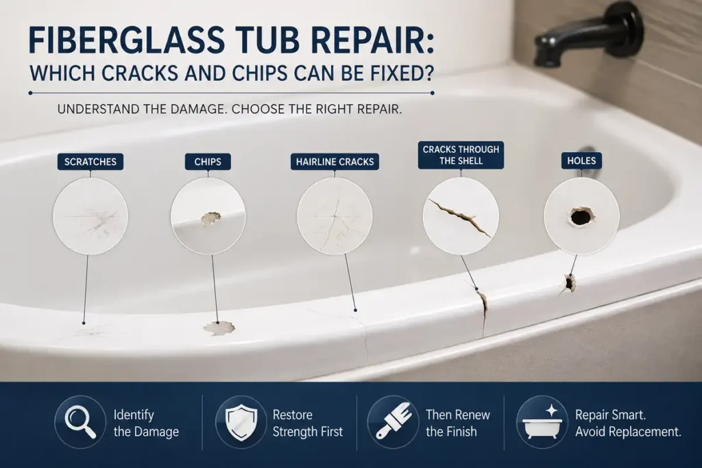 White fiberglass bathtub with visible scratches, chips, hairline cracks, shell cracks, and holes requiring different types of tub repair
