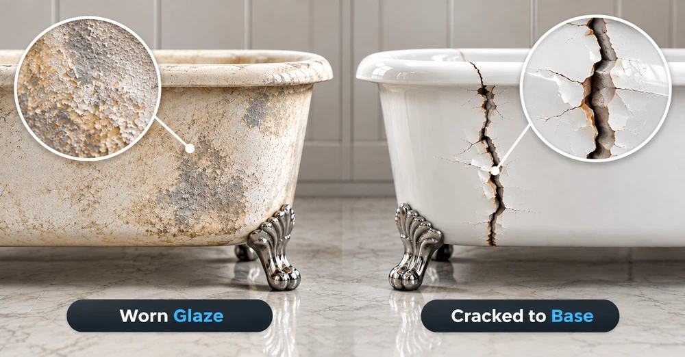 Bathtub with worn, stained glaze compared with a bathtub cracked through to the base