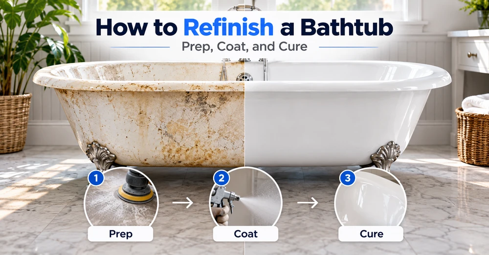 Bathtub refinishing process showing a worn tub transformed through prep, coating, and curing